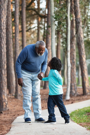 An African-American boy and his grandfather walking together in a park, holding hands, looking at ea...